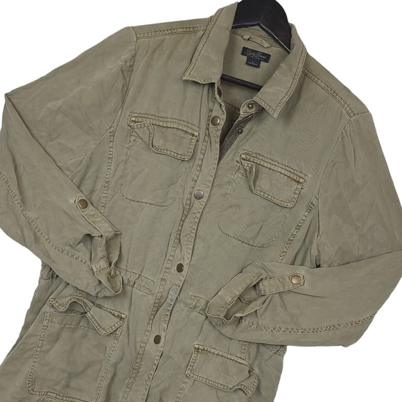 Lucky Brand Womens Military Style Shacket Sz Large Cinch Waist Roll Tabs Olive - Picture 1 of 14